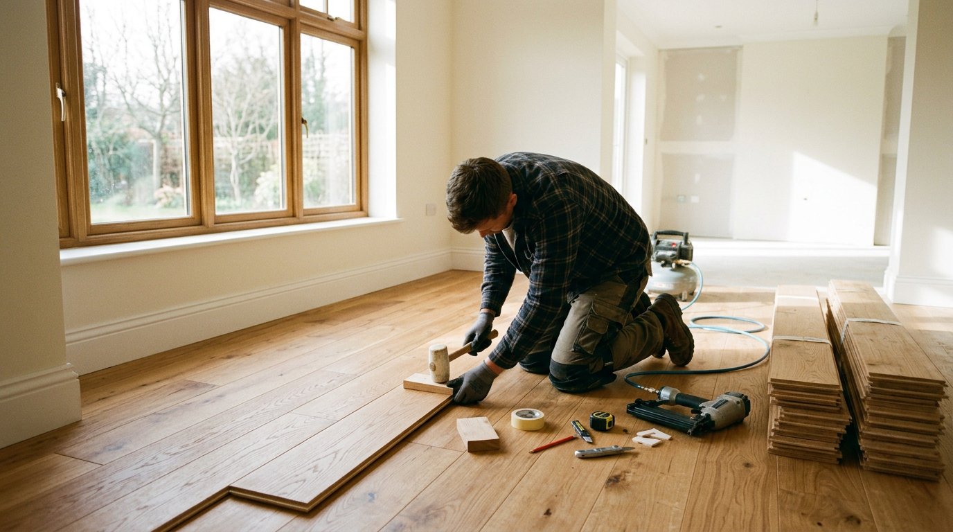 Craftsman installing oak hardwood flooring