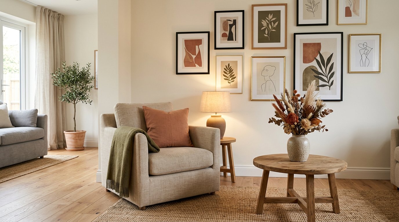 Styled living room corner with accent chair and gallery wall