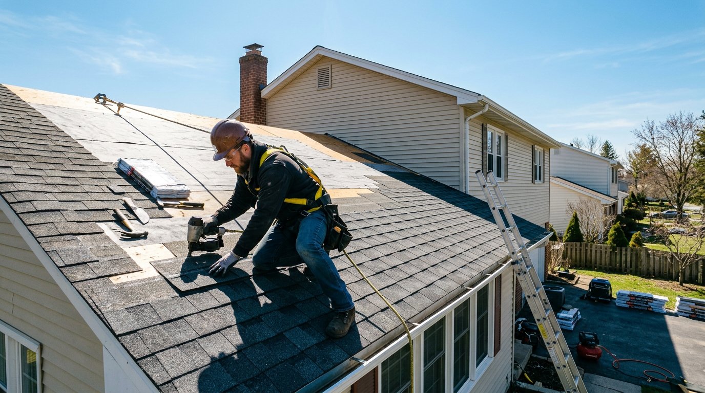 Roofer installing fresh shingles under a blue sky